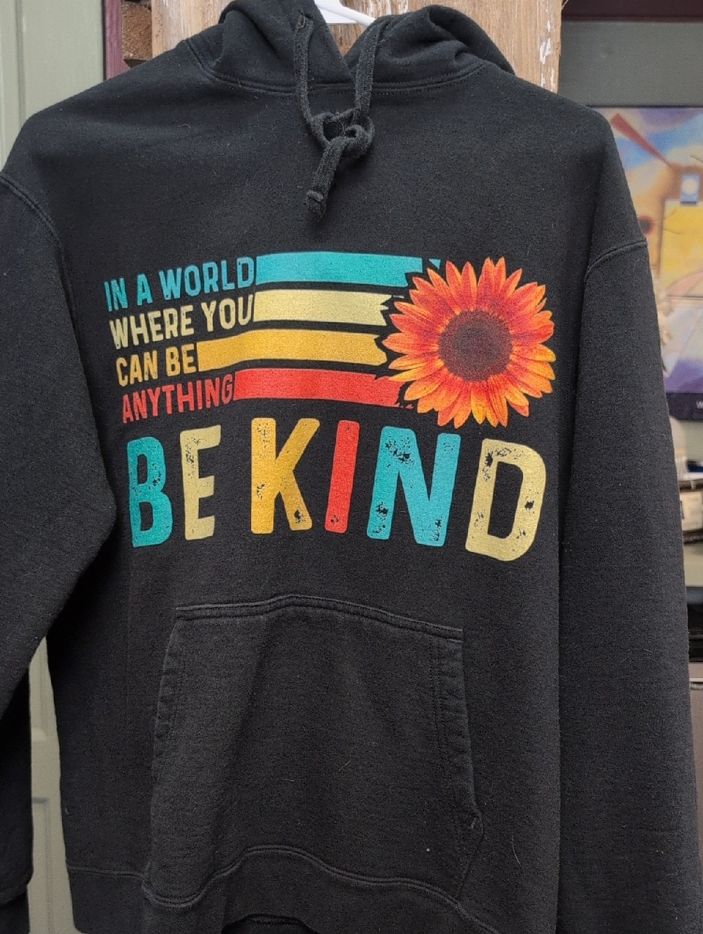 Black Hoodie "Be Kind" Sunflower Graphic